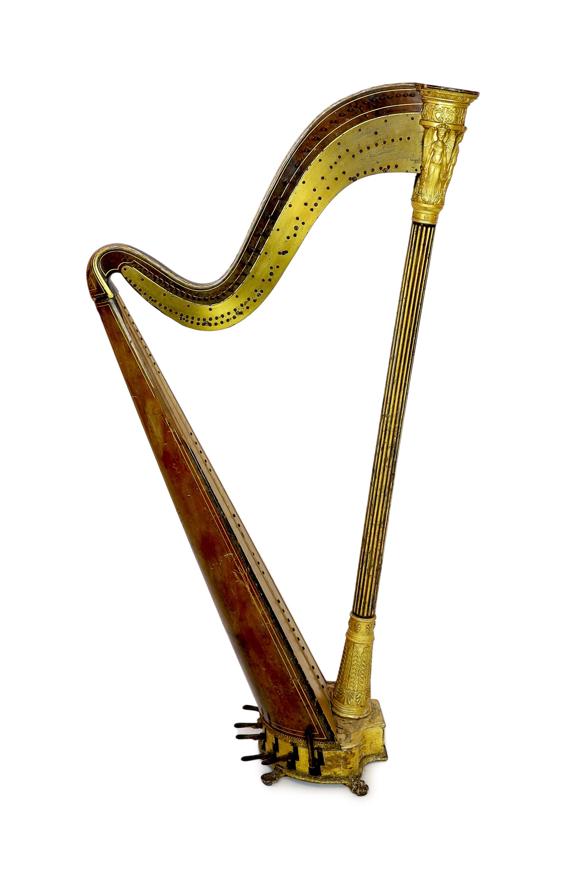 A mid 19th century J.Schwieso giltwood, satinwood and rosewood 'Grecian' concert harp, width 84cm, height 170cm.